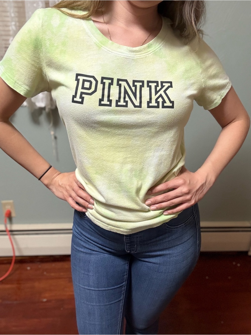 PINK Victoria's Secret Short Sleeve Tie-Dye Tee in Light Lime